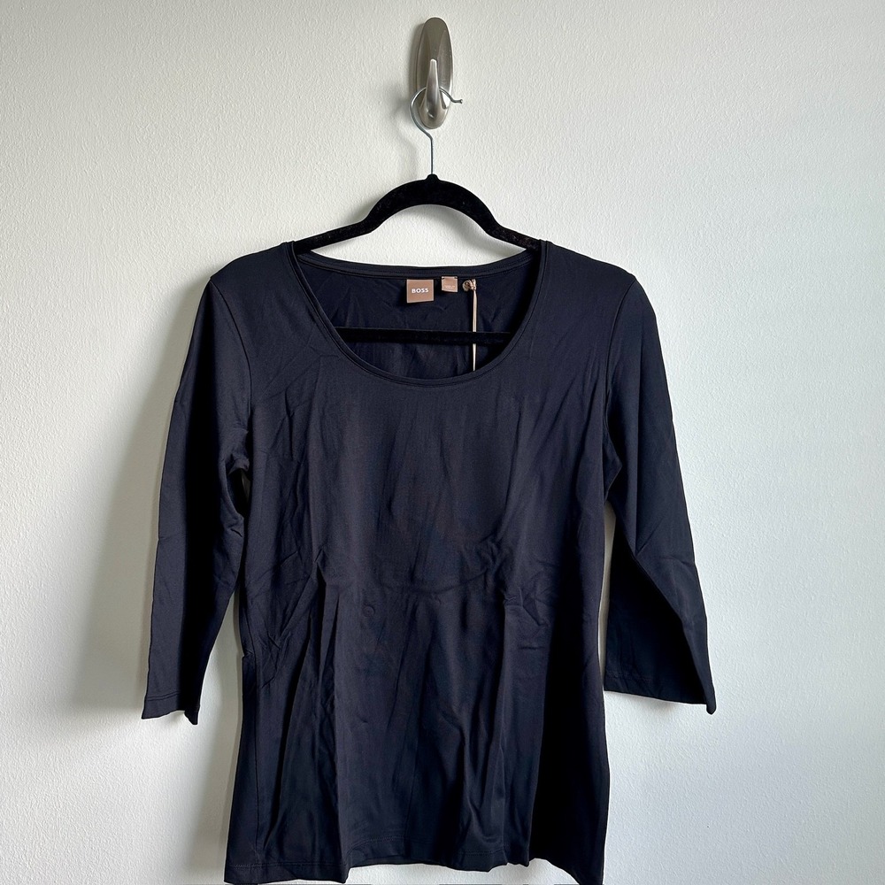 Boss‎ Shirt Womens Medium Black 3/4 Sleeve Scoop Neck Stretch Casual Top New